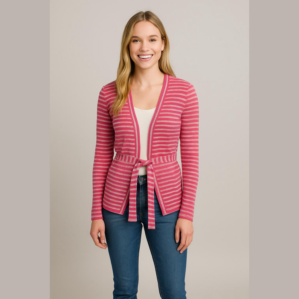 Vintage Y2K Tommy Jeans Pink White Striped Belted Cardigan Sweater Small